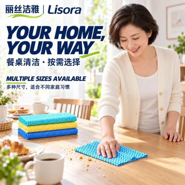 Blue Dining Table Cleaning Cloth — Multiple Size Options A woman in a cream cardigan wipes breakfast crumbs from a wooden dining table with a blue patterned cloth beside turquoise, yellow and blue folded cleaning sheets.