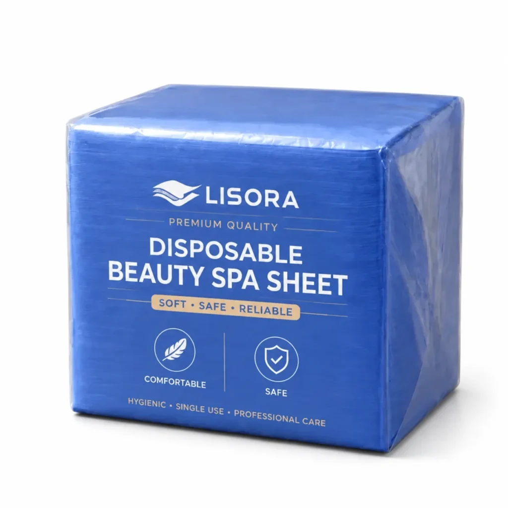 Lisora blue disposable nonwoven beauty spa sheet in film packag