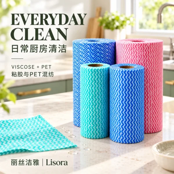 Colored Perforated Kitchen Cleaning Cloth Rolls — Viscose & PET Blend Lisora blue, pink and turquoise viscose-PET kitchen cleaning cloth rolls on a bright countertop beside a turquoise patterned cut sheet.