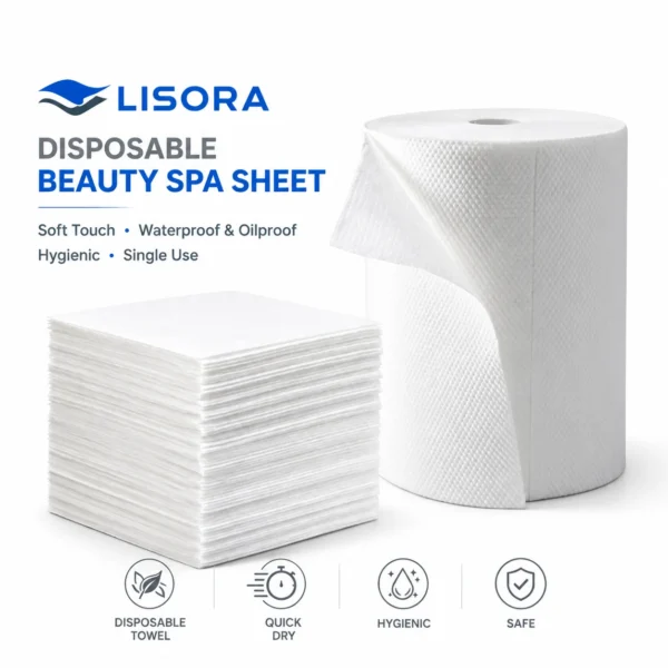 LISORA white disposable nonwoven towels displayed as stacked flat sheets and a pearl-embossed roll, with blue and gray promotional text and feature icons.