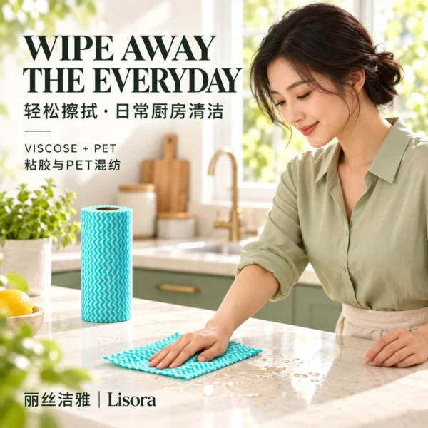 Kitchen Counter Wiping Cloth for Everyday Spills A woman wipes water from a kitchen countertop with a turquoise patterned nonwoven cloth, with a matching cleaning cloth roll nearby