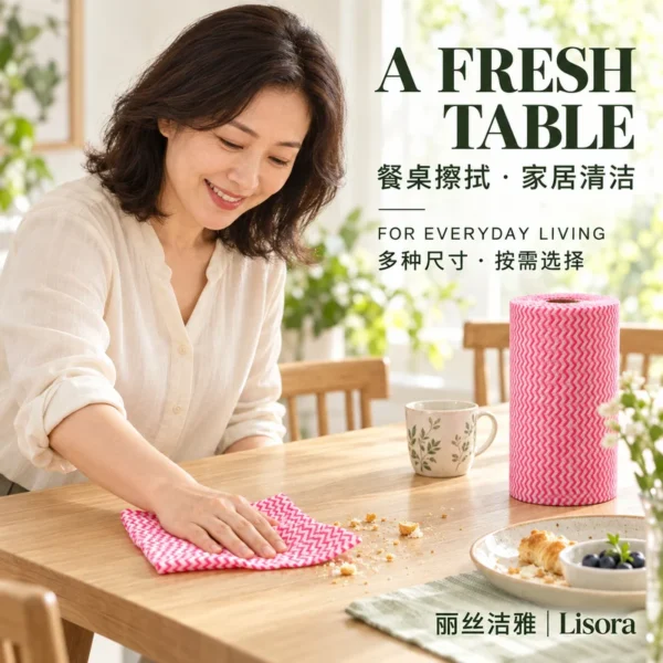 Pink Household Cleaning Cloth for Wiping Dining Tables A woman wipes breakfast crumbs from a wooden dining table with a pink patterned cleaning cloth, beside a pink cloth roll, cup and plate.