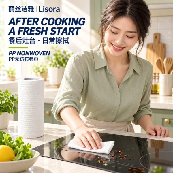 A woman in a light green shirt wipes a black glass cooktop with a white nonwoven cloth beside a matching plain white roll.