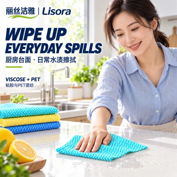 Turquoise Nonwoven Cloth for Kitchen Counter Spills A woman in a light blue shirt wipes water from a kitchen countertop with a turquoise patterned cloth beside a stack of three colored cleaning sheets.