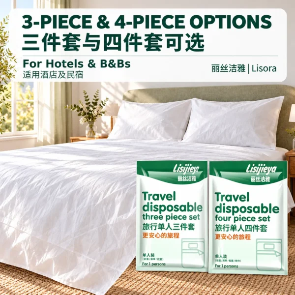 3bfa927e-77ef-4b5a-88a8-a7482a4ab30d Disposable bed linen set for hotel, 3-piece and 4-piece options