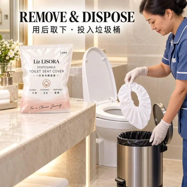 Disposable toilet seat cover removing and disposal scene for hotel cleaning