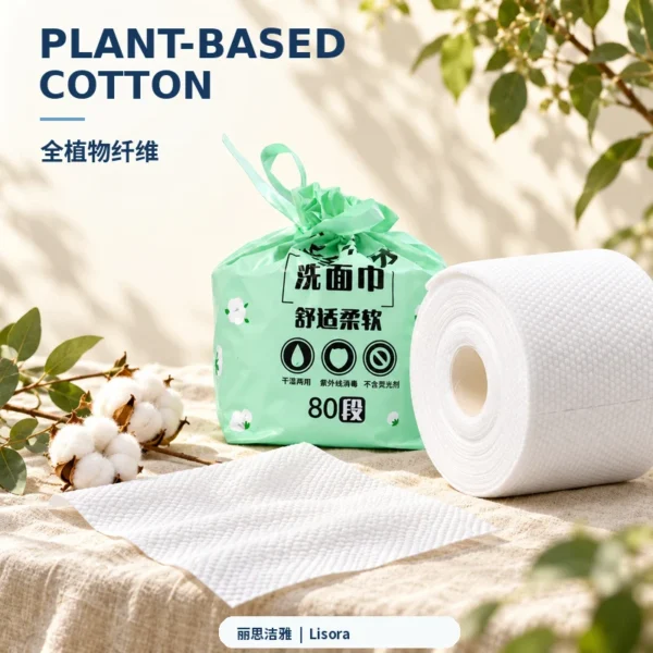 Plant-based cotton disposable roll facial tissue