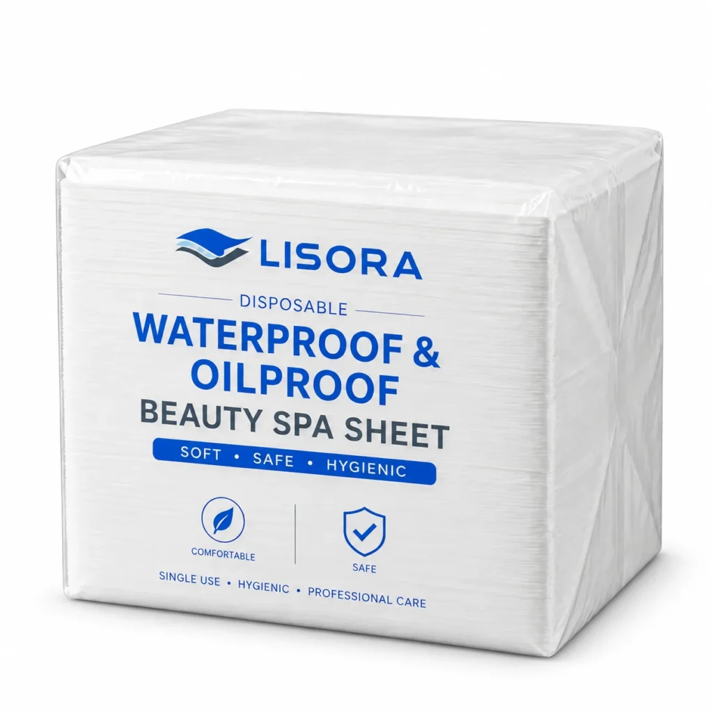 Lisora white disposable nonwoven beauty spa sheet in film packag