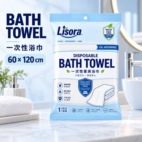 Lisora disposable bath towel package in bathroom scene