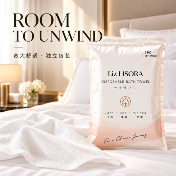 00ae576e-26a4-45ff-85c1-a74b4a303f94 Individually packed disposable bath towel, hotel room scene