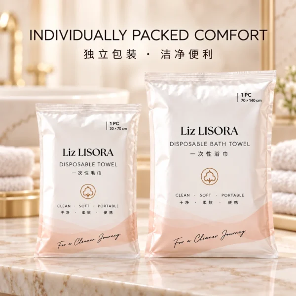 Lisora individually packed disposable facial towel and bath towel display