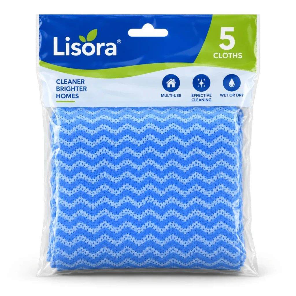 Lisora blue multi pack absorbent cleaning cloths in plastic package