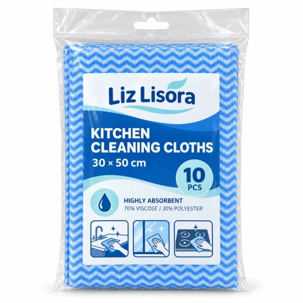 Lisora blue multi pack absorbent cleaning cloths in plastic package