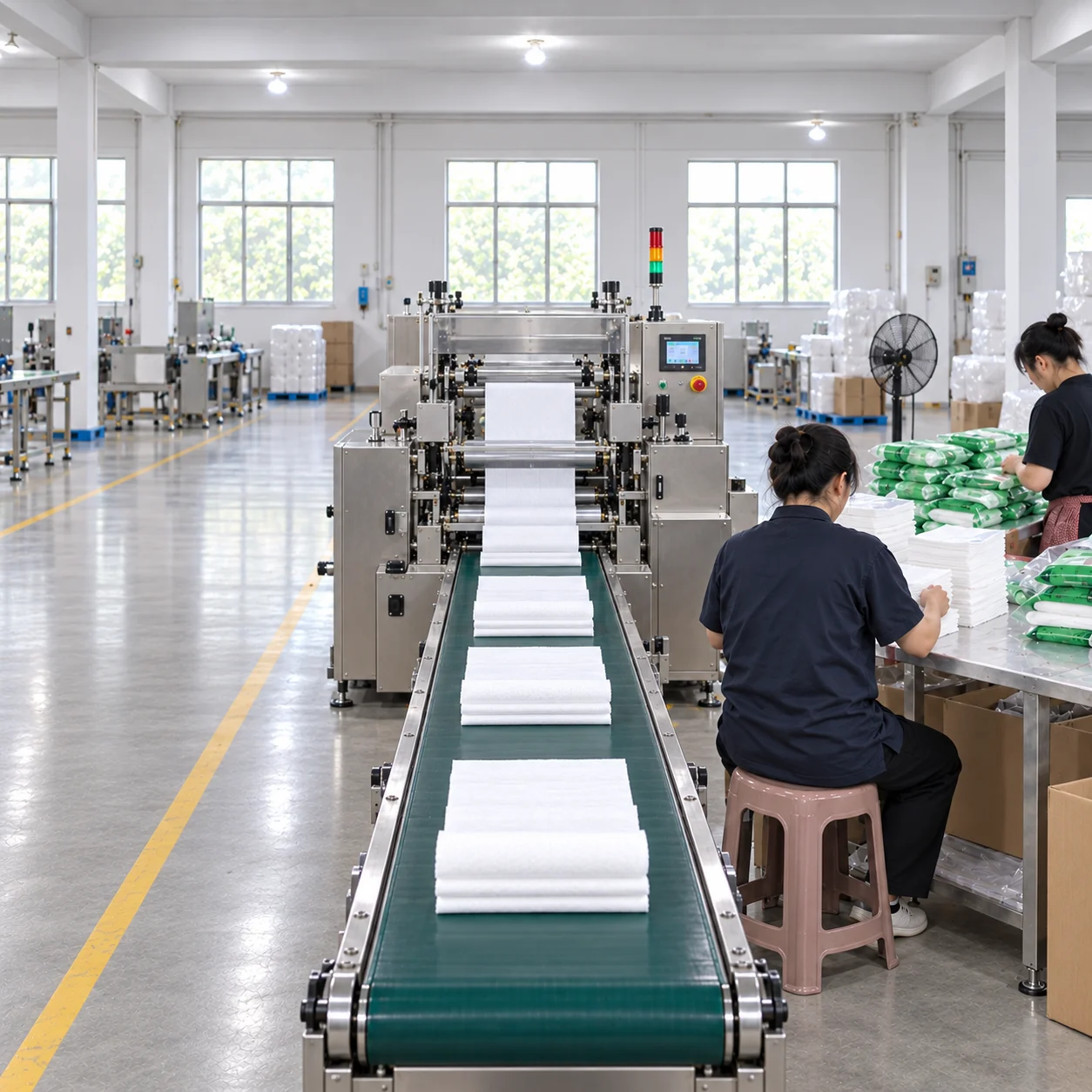 A corner of the workshop where disposable sheets, fitted sheets, duvet covers, and pillowcases are produced