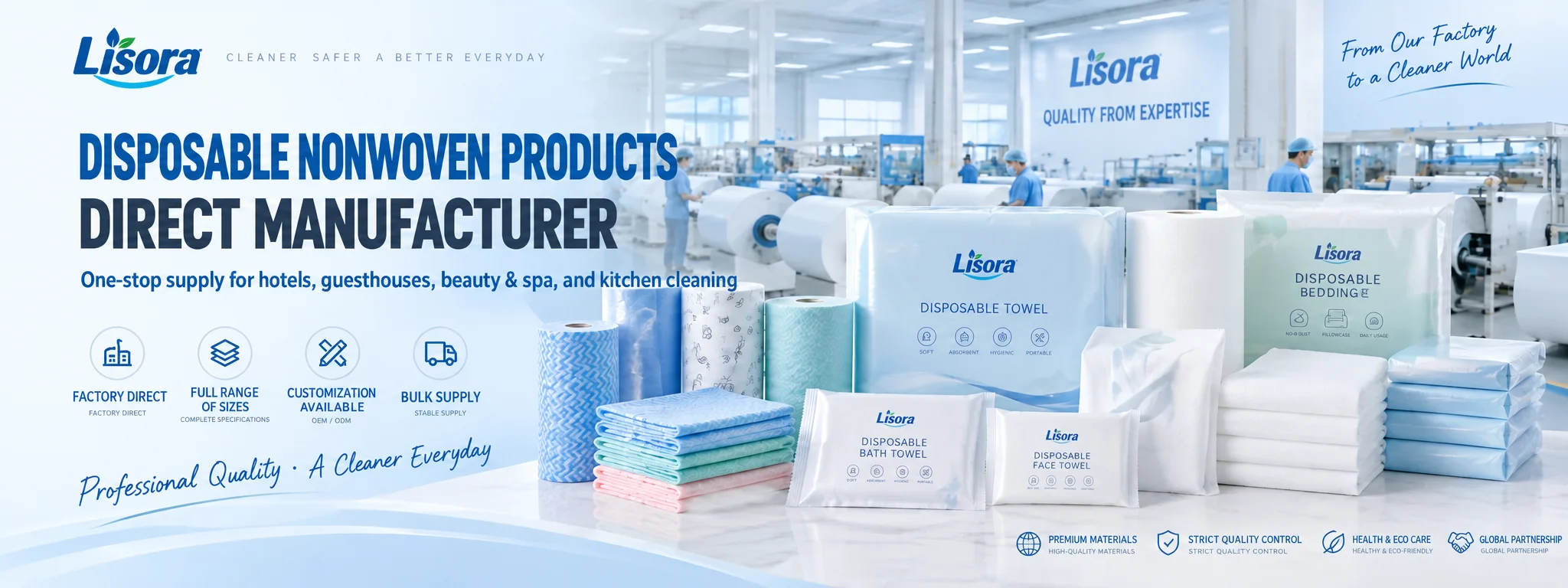 LISORA factory-direct disposable nonwoven products banner featuring cleaning rolls, colorful folded cloths, individually packaged towels, bath towels, and bedding against a production workshop background, highlighting multiple sizes, customization, and bulk supply.