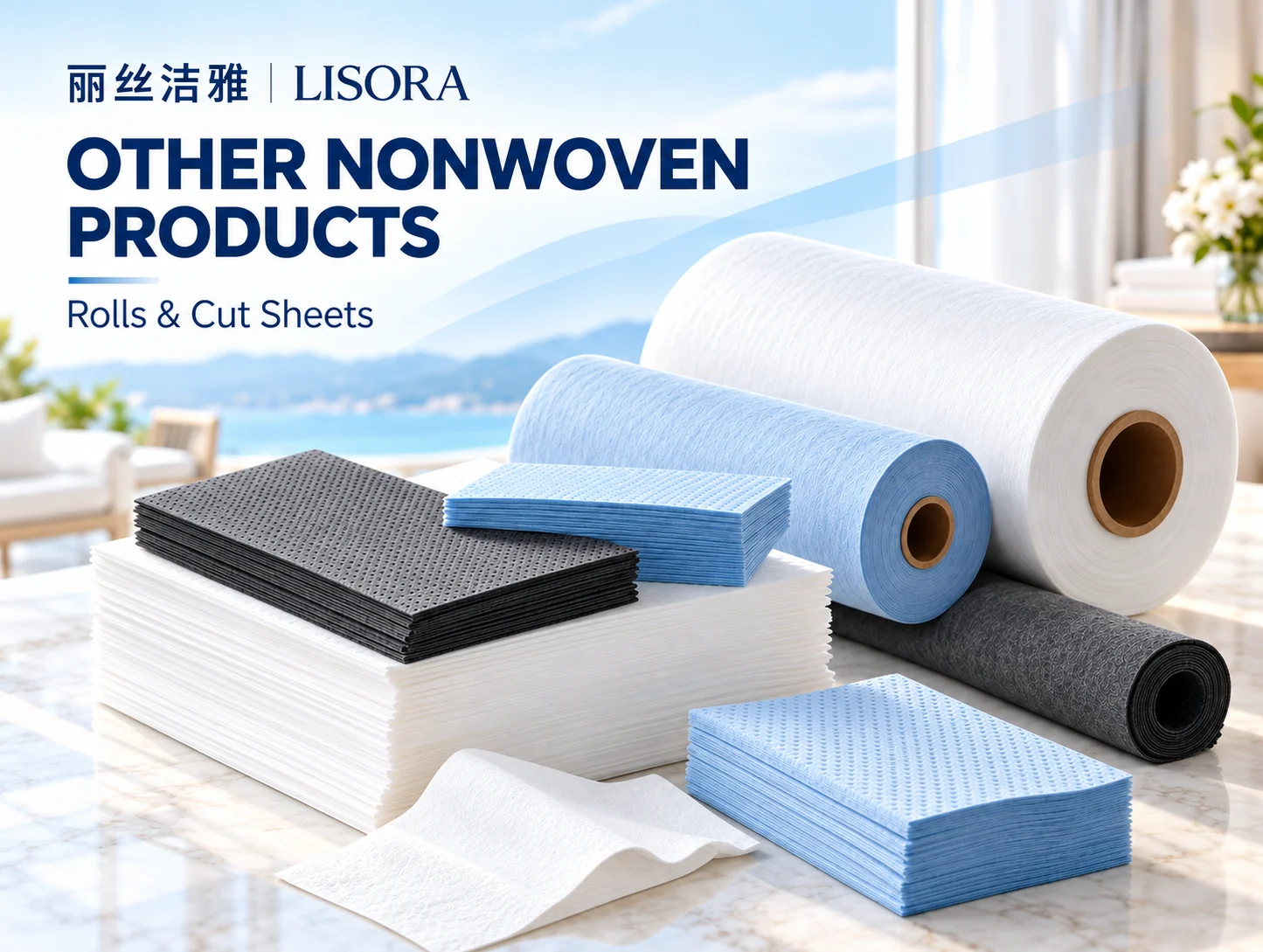 LISORA nonwoven products in white, light blue and charcoal, displayed as rolls and stacked cut sheets on a light marble countertop against a soft blue and warm white background.