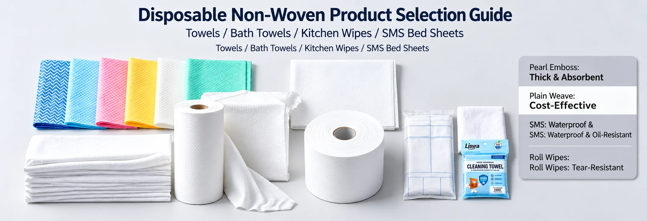 Disposable nonwoven product selection guide displaying colorful kitchen wipes, folded white towels and bath towels, wiping rolls, and individually packaged products on a light gray background, with English descriptions of textures and materials on the right.