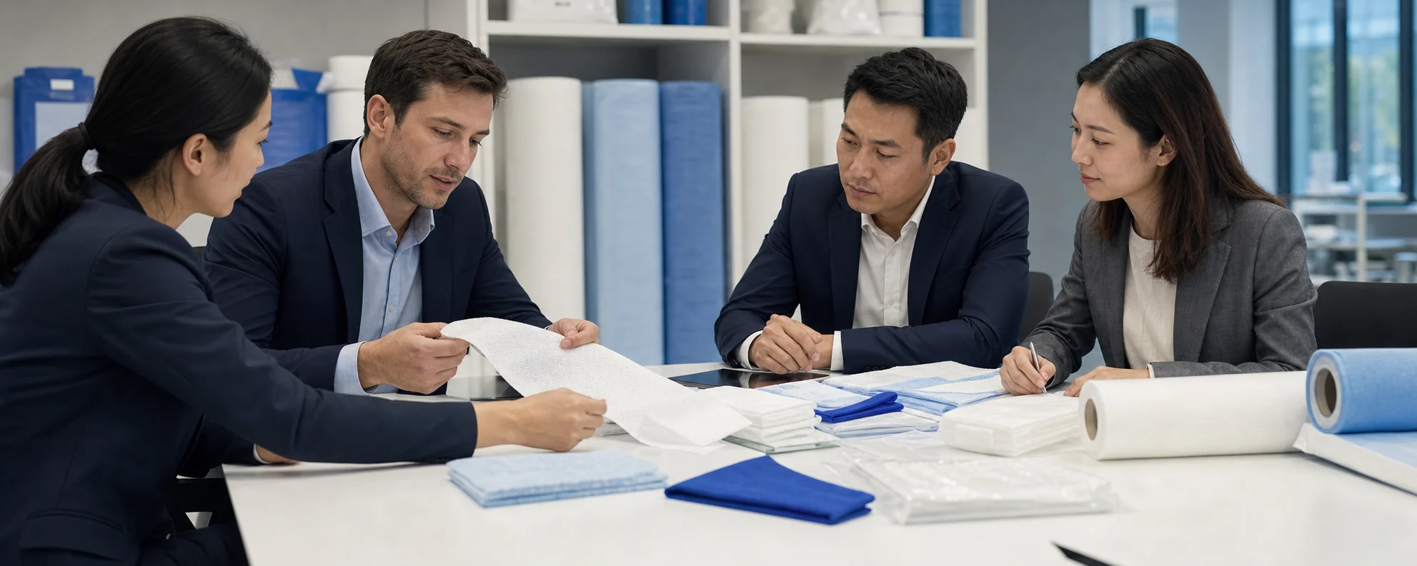 B2B buyers reviewing non-woven product samples