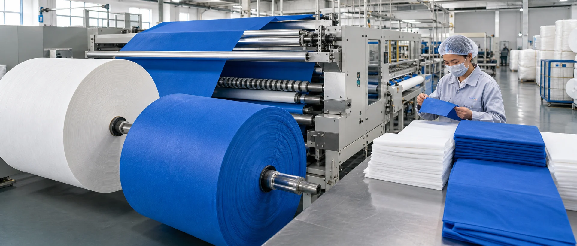 Non-woven fabric rolls on a converting line