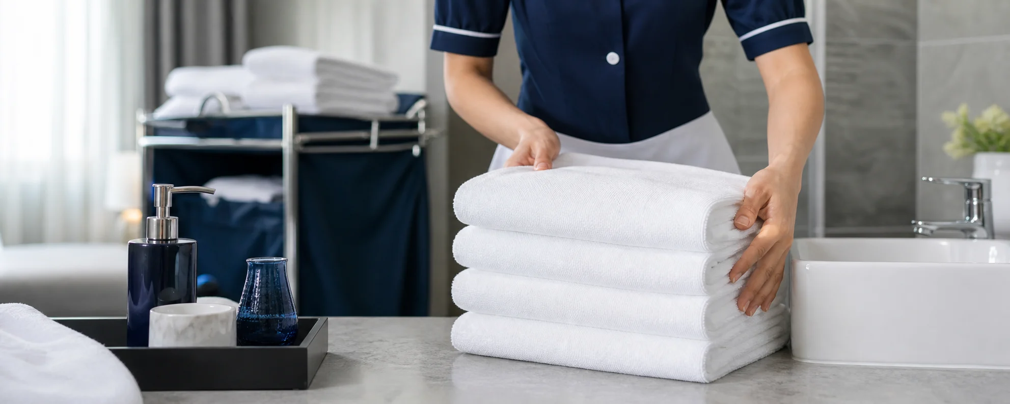 Hotel housekeeping staff preparing clean guest towels