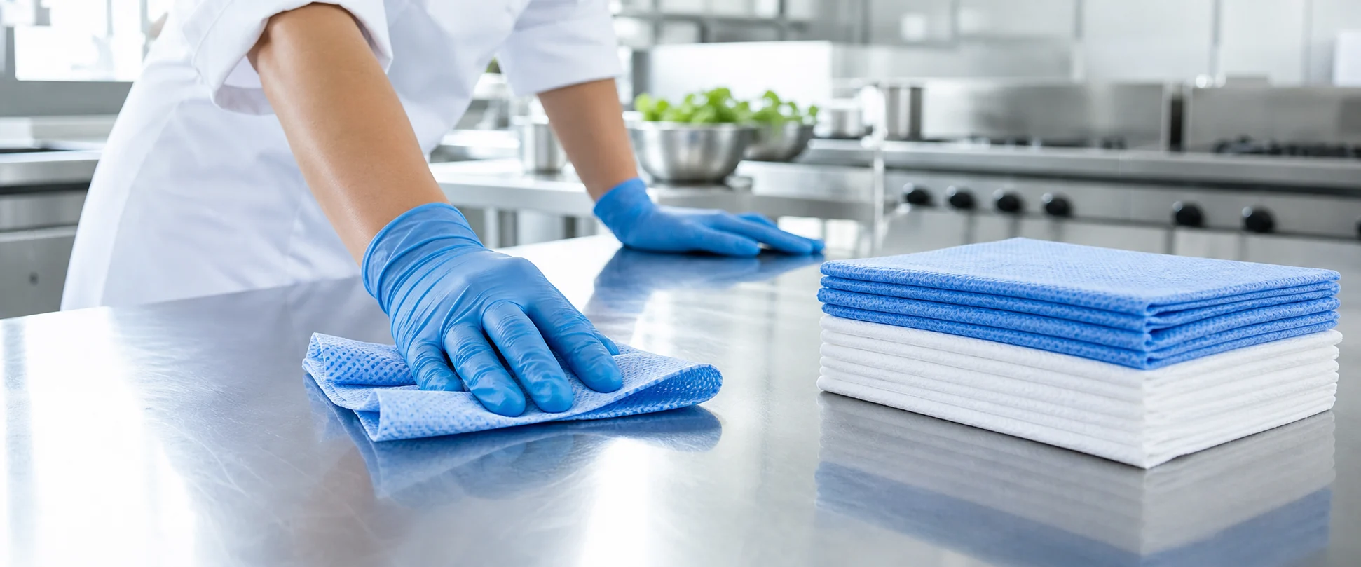 Non-woven wipes used in a professional kitchen