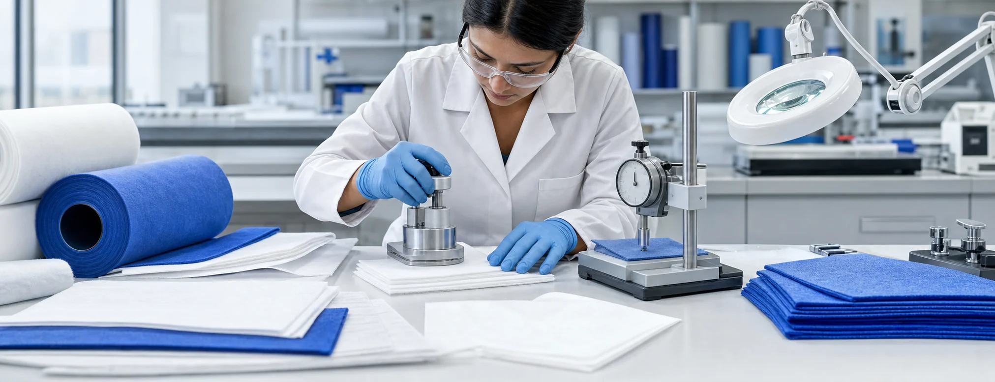 Technician inspecting non-woven fabric samples