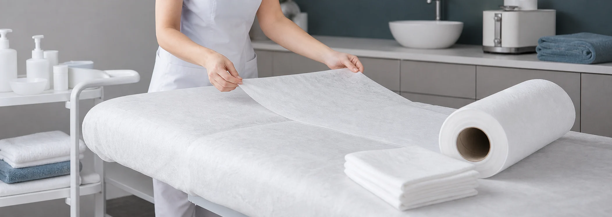 Non-woven bed roll prepared in a spa treatment room