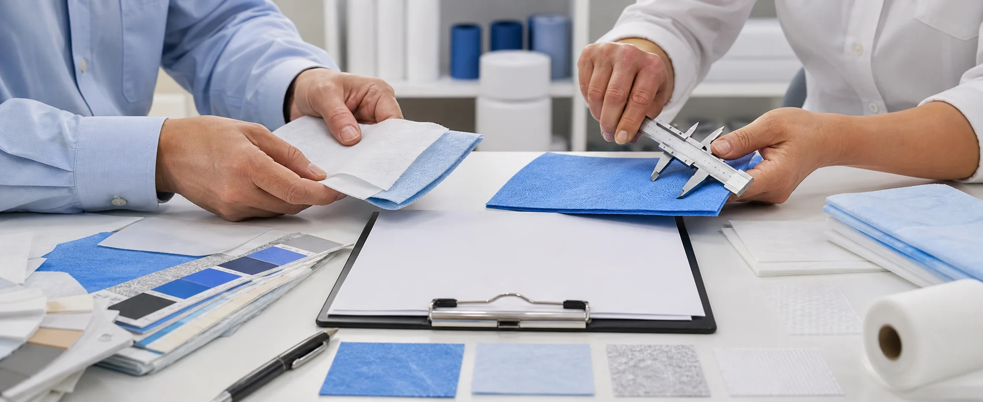 Product team reviewing non-woven specifications